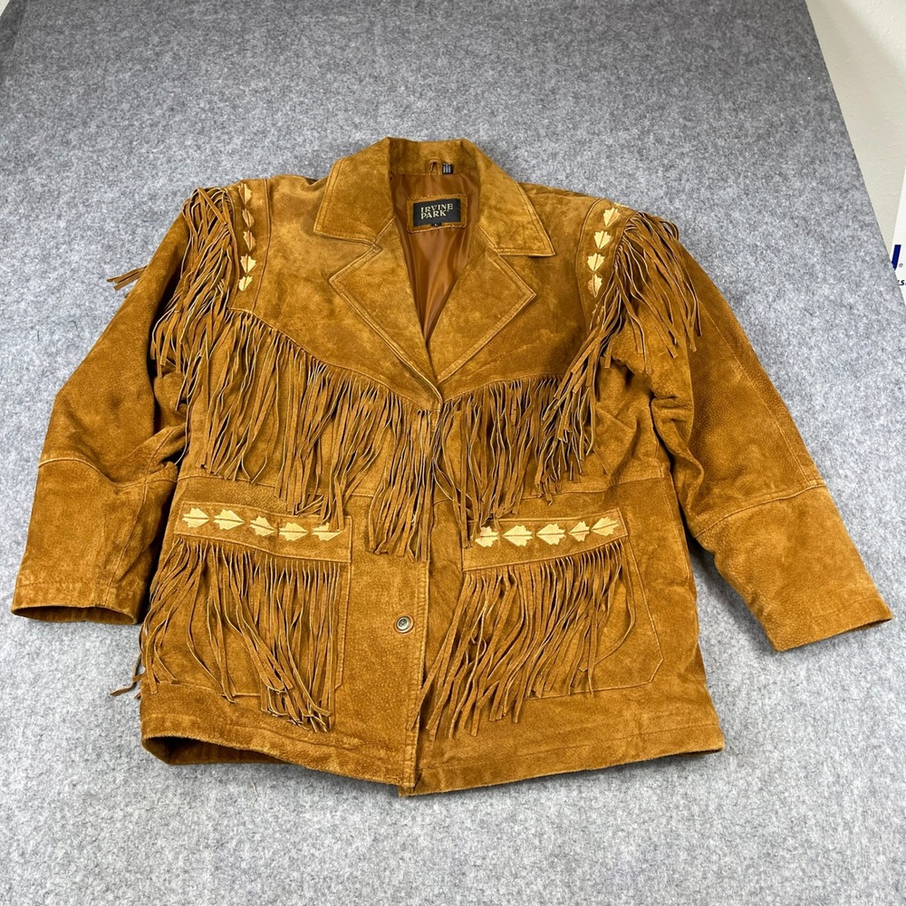 Irvine Park Suede Leather Fringe Western Jacket Mens Large Tan Brown Embroidered